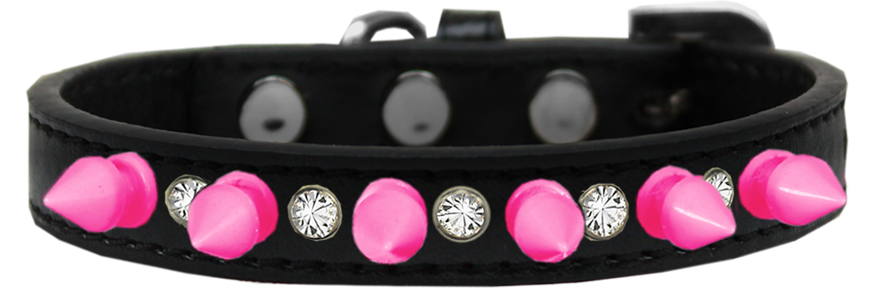 Crystal and Bright Pink Spikes Dog Collar Black Size 12